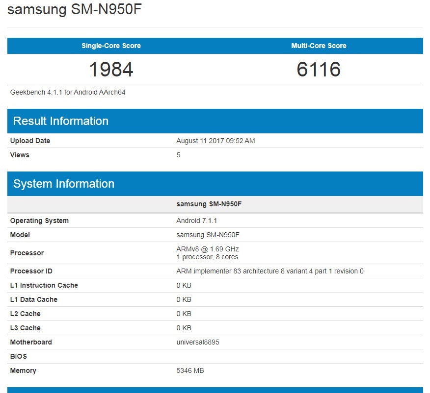 Samsung Galaxy Note 8 Geekbench SM-N950F